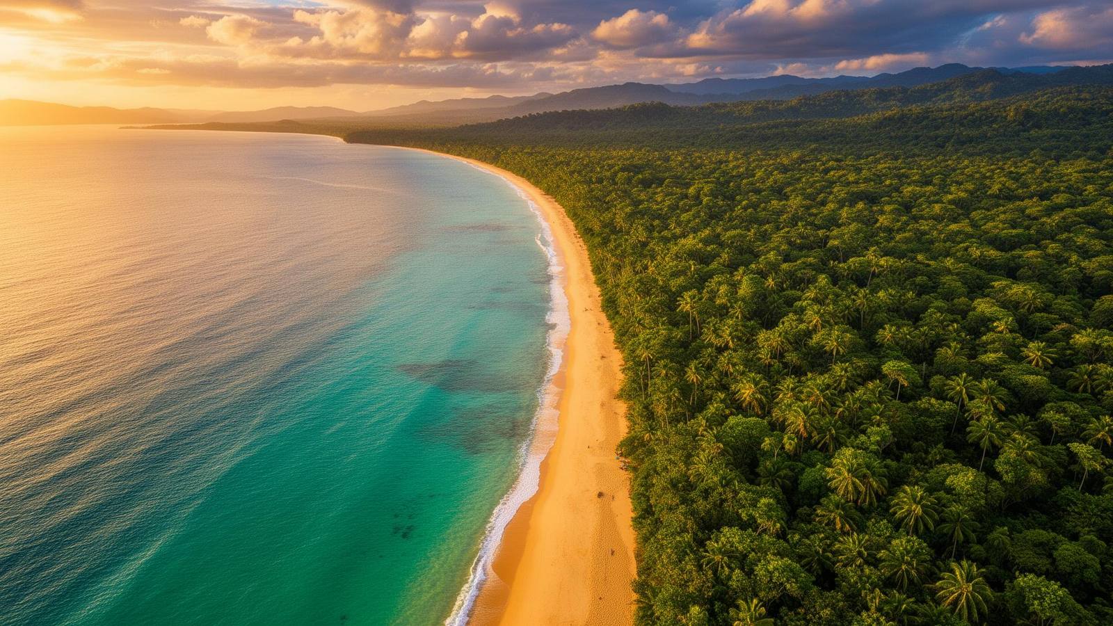 Aerial view of Costa Rica's tropical coastline with lush rainforest and turquoise waters